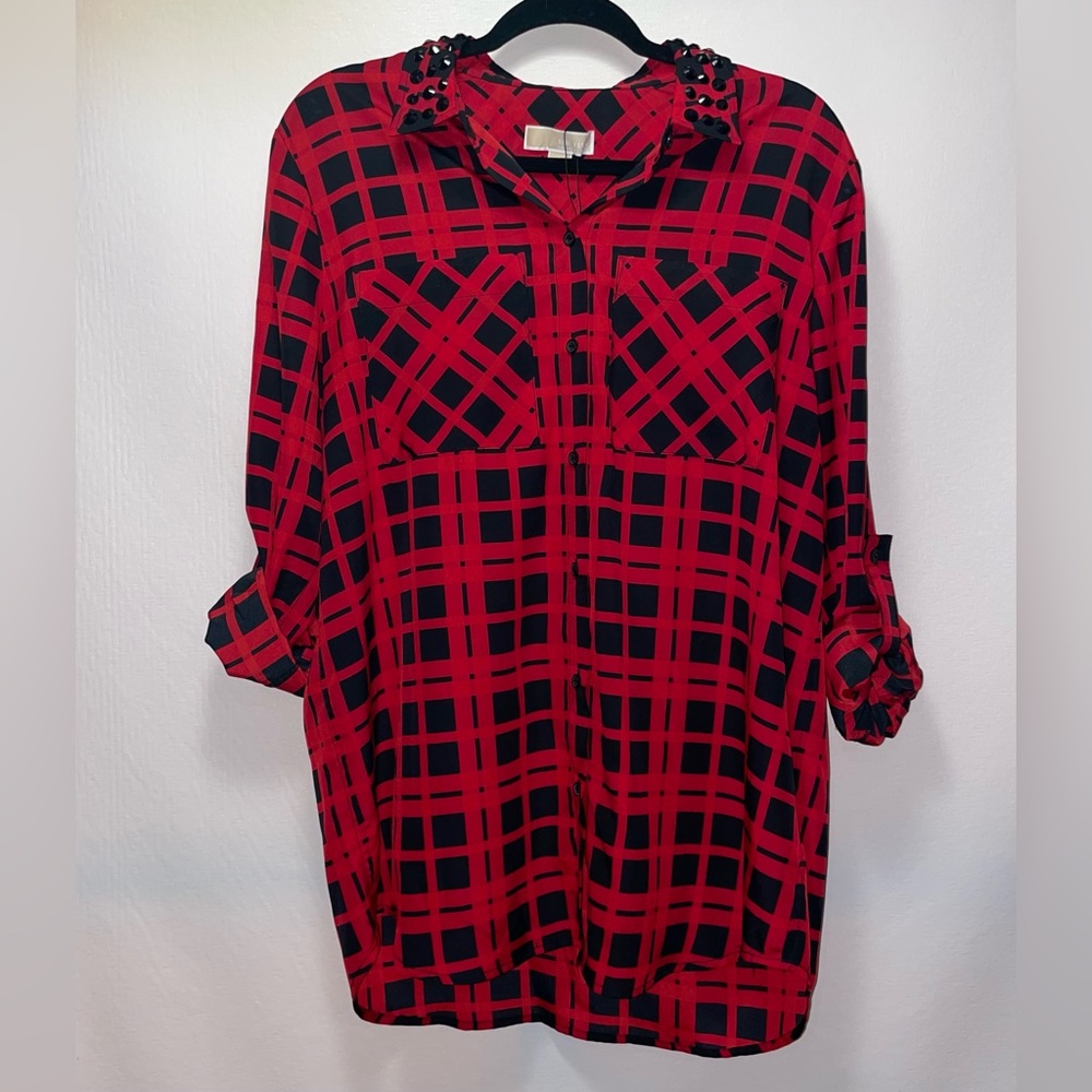 Michael Kors Womens Large Red Black Checkered Long Sleeve Oversized Blouse